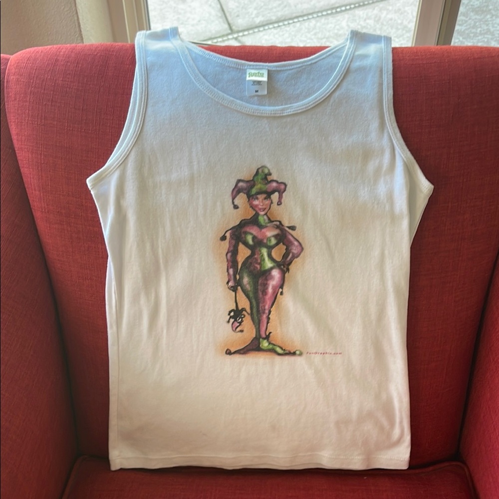 White Tank Top with Colorful Jester